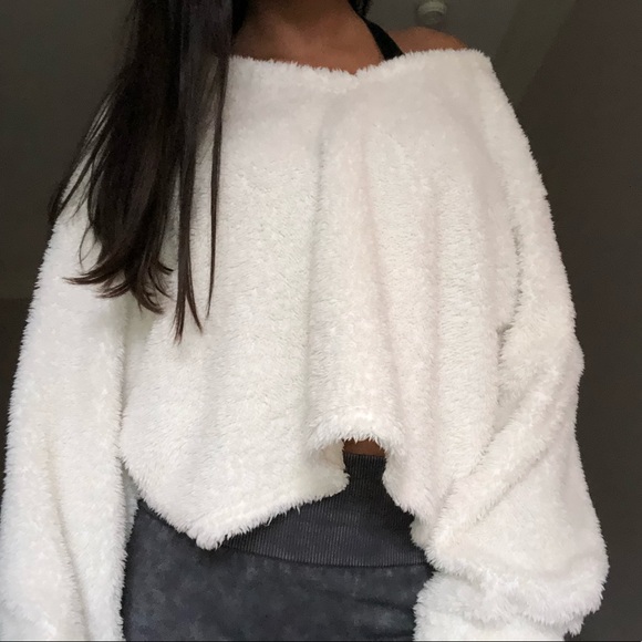 SHEIN Sweaters - Fuzzy white oversized vneck sweater